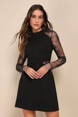 Bragging Rights Black Lace Long Sleeve Skater Dress