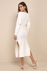 Cozy Captivation Ivory Ribbed Dolman Sleeve Midi Sweater Dress