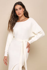 Cozy Captivation Ivory Ribbed Dolman Sleeve Midi Sweater Dress
