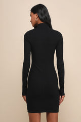 Dashing Black Ribbed Mock Neck Long Sleeve Bodycon Mini Dress