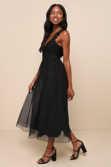 Forever Celebrated Black Swiss Dot Ruched Tulle Midi Dress