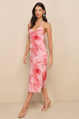 Bright Charm Pink Abstract Print Chiffon Slip Midi Dress