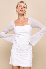 Flirty Luxury Ivory Mesh Pearl Long Sleeve Mini Dress