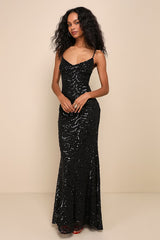 Mesmerizing Demeanor Black Sequin Backless Mermaid Maxi Dress