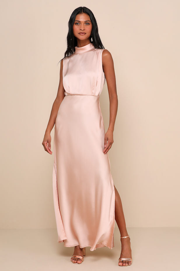 Classic Elegance Blush Satin Sleeveless Mock Neck Maxi Dress