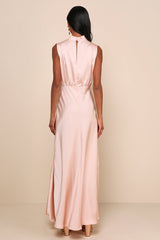 Classic Elegance Blush Satin Sleeveless Mock Neck Maxi Dress