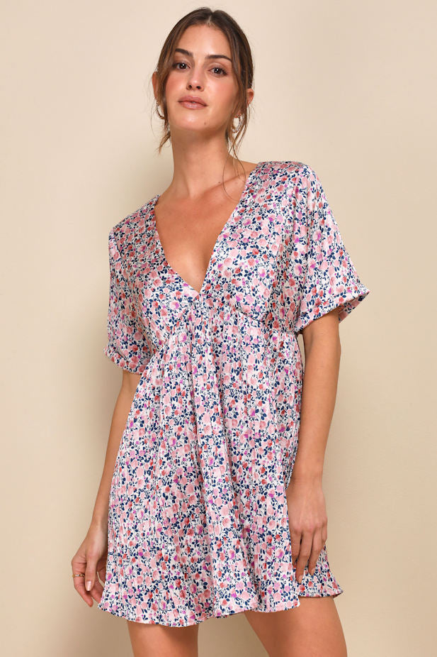 Express Yourself Blush Pink Floral Print Satin Babydoll Dress