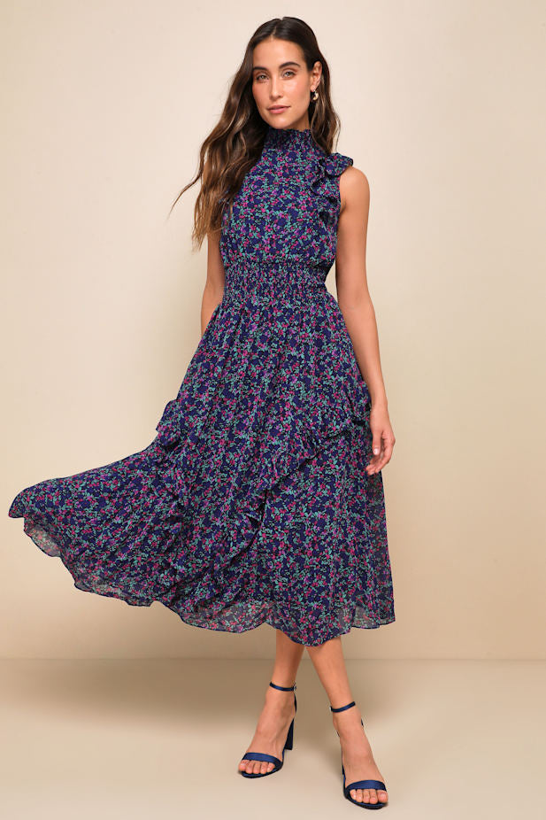 Evalina Navy Blue Floral Print Mock Neck Midi Dress
