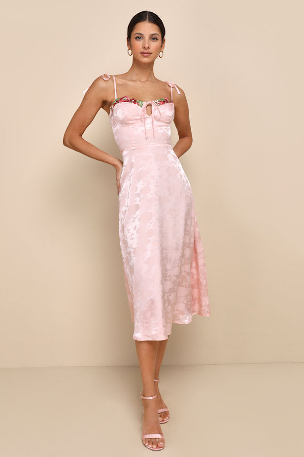 Ethereal Muse Light Pink Satin Jacquard Embroidered Midi Dress