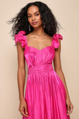 Pristine Glow Magenta Pink Ruffled Tie-Back Maxi Dress