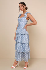 Gorgeous Excellence Light Blue Floral Burnout Tiered Midi Dress