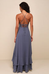 In Love Forever Granite Blue Lace-Up High-Low Maxi Dress