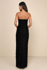 Ravishing Appeal Black 3D Floral Applique Strapless Maxi Dress