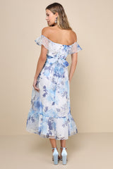 Sweet Composure White Floral Organza Off-the-Shoulder Midi Dress