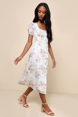 Moment of Beauty White Floral Print Button-Front Midi Dress