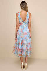Perfectly Divine Blue Floral Tulle Tiered Ruffled Midi Dress