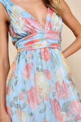 Perfectly Divine Blue Floral Tulle Tiered Ruffled Midi Dress
