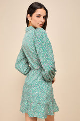 Totally Cute Time Green Floral Collared Wrap Mini Dress