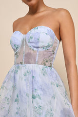 Charming Sweetness Periwinkle Floral Organza Bustier Maxi Dress