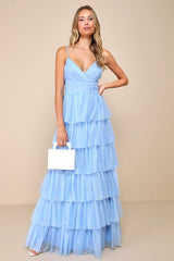 Rule the Runway Light Blue Tulle Surplice Tiered Maxi Dress