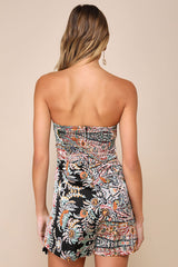 Bohemian Perfection Black Boho Floral Strapless Tasseled Romper