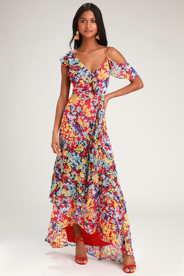 Radiant Ruby Red Floral Print Chiffon Maxi Dress