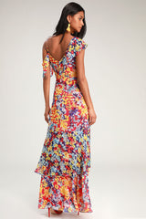 Radiant Ruby Red Floral Print Chiffon Maxi Dress