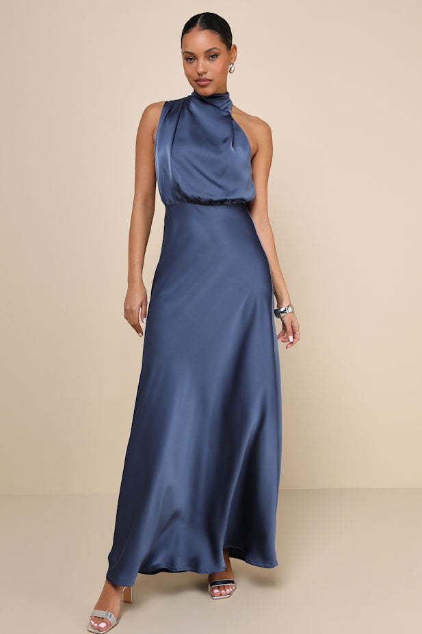 Distinctive Charm Slate Blue Satin Asymmetrical Maxi Dress