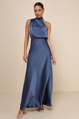 Distinctive Charm Slate Blue Satin Asymmetrical Maxi Dress