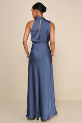 Distinctive Charm Slate Blue Satin Asymmetrical Maxi Dress