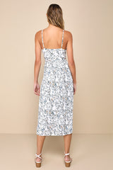 Poise and Perfection Ivory Floral Print Pleated Midi Dress