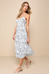 Poise and Perfection Ivory Floral Print Pleated Midi Dress