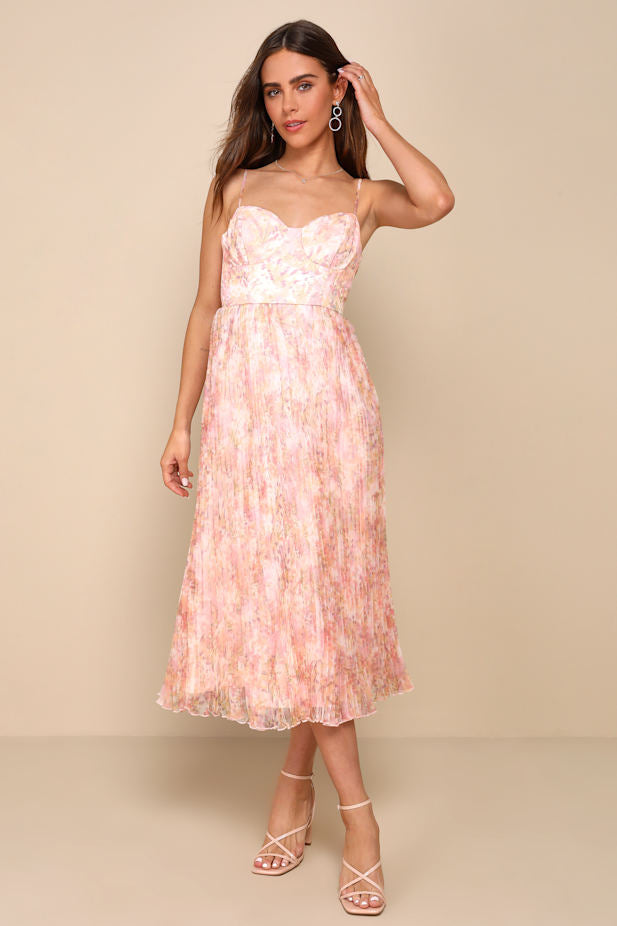Finest Endeavor Blush Pink Floral Pleated Bustier Midi Dress