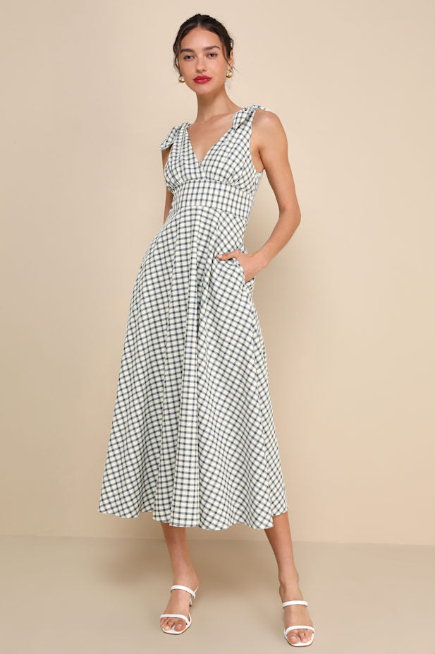 Sweetest Posture Navy and Cream Gingham Midi Dress With Pockets