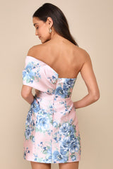Soiree Darling Pink Floral Bow Off-the-Shoulder Mini Dress