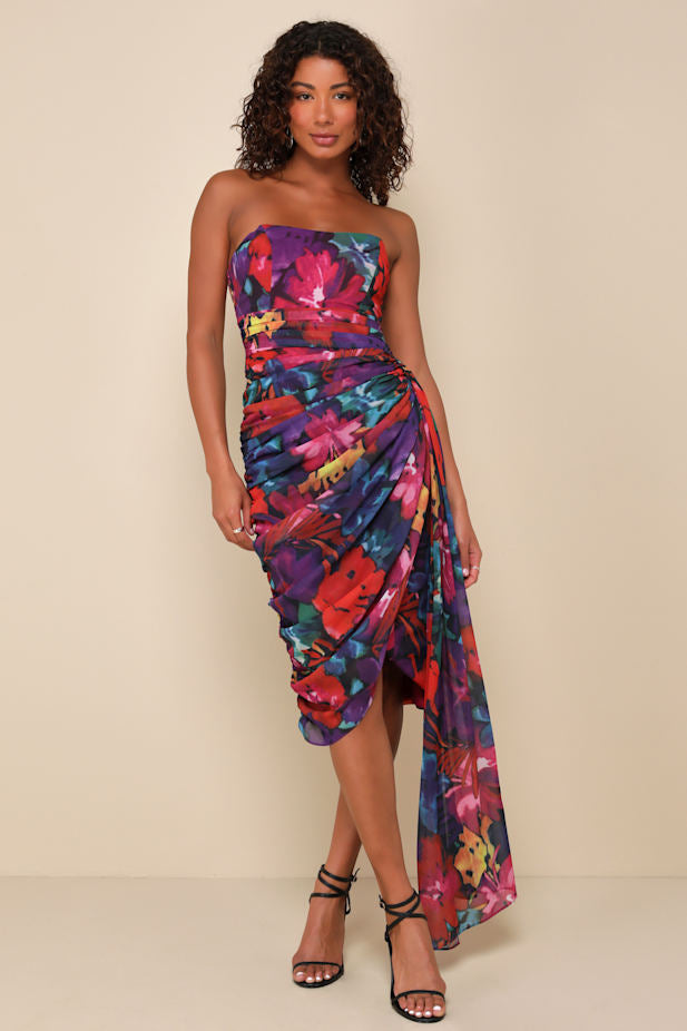 Uncommon Aesthetic Black Floral Strapless Bodycon Midi Dress