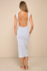 Chic Existence Ivory and Blue Striped Backless Midi Dress