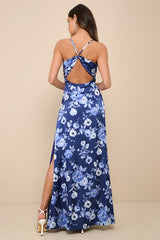 Wondrous Allure Navy Blue Floral Satin Backless Maxi Dress