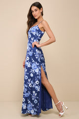Wondrous Allure Navy Blue Floral Satin Backless Maxi Dress