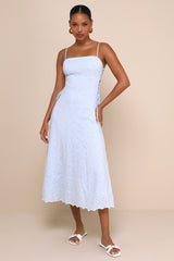 Adoring Pose Blue Embroidered Floral Lace-Up Midi Dress