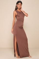 Significant Allure Brown Slinky Knit Ruched Maxi Dress
