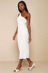 Truly Poised Ivory Textured 3D Floral One-Shoulder Midi Dress