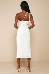 Truly Poised Ivory Textured 3D Floral One-Shoulder Midi Dress