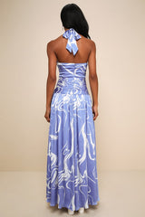 Ultimate Desire Periwinkle Abstract Print Satin Maxi Dress