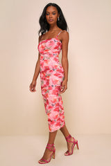 Blossoming Excellence Pink Floral Mesh Ruched Midi Dress