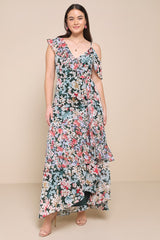 Radiant Hunter Green Floral Print Chiffon Maxi Dress