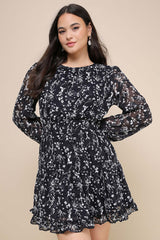 Too Cute Navy Blue Floral Print Smocked Long Sleeve Mini Dress
