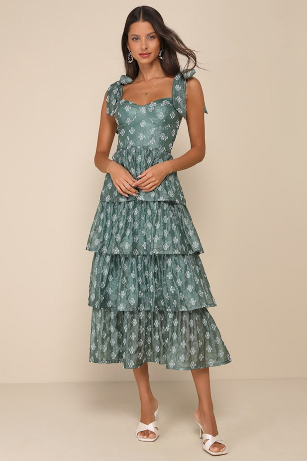 Gorgeous Excellence Teal Green Floral Burnout Tiered Midi Dress