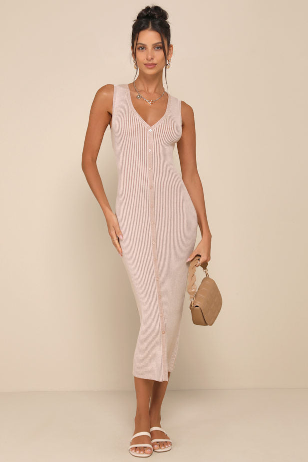 Positively Sophisticated Taupe Button-Front Midi Sweater Dress