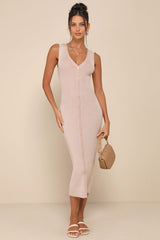 Positively Sophisticated Taupe Button-Front Midi Sweater Dress